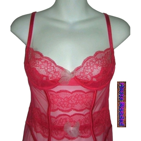 Victorias Secret Red Sheer Lace Bows Garter Cami Sexy Boudoir Pin Up Negligee - Picture 5 of 11